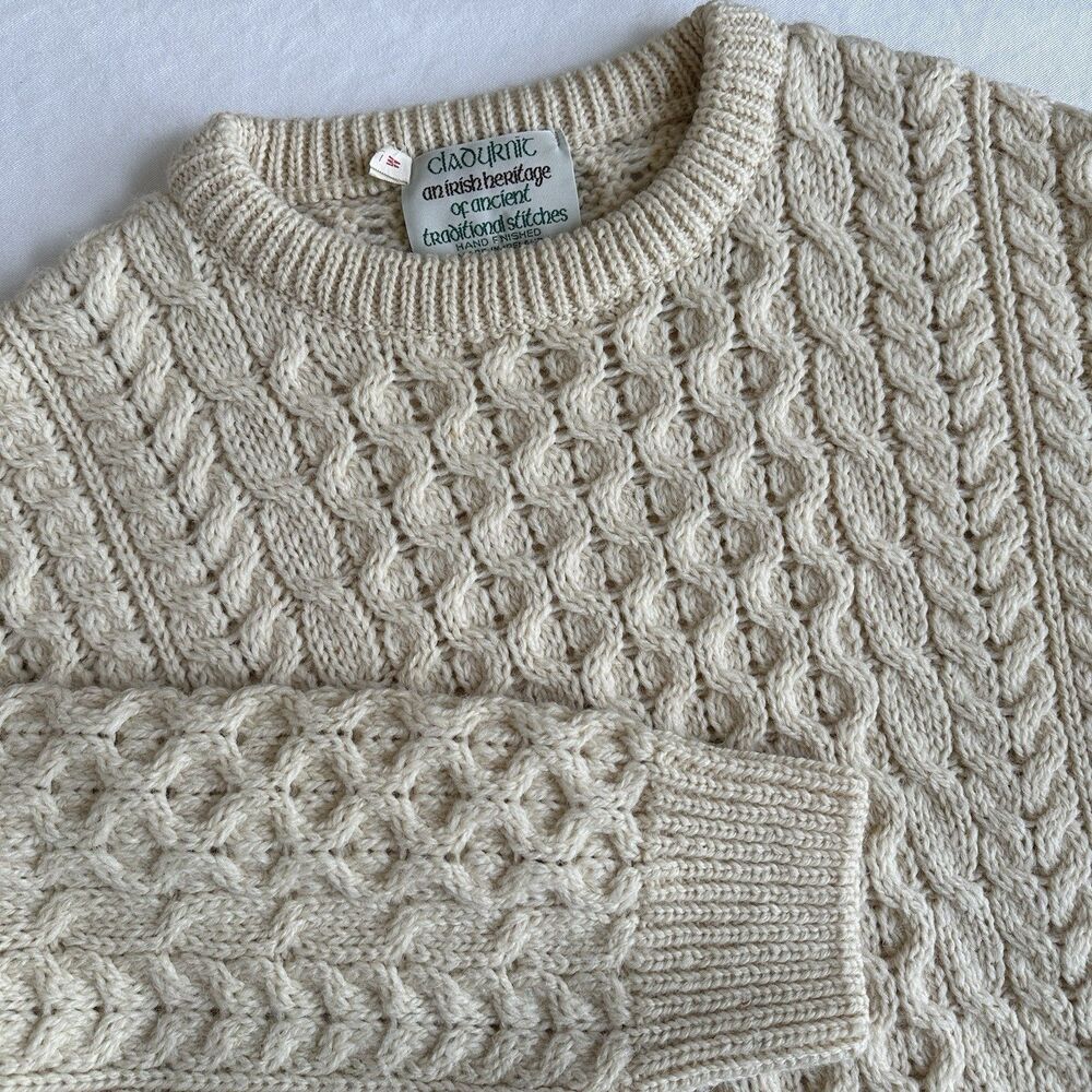VINTAGE Cladyknit Cable Knit Sweater Women MEDIUM 100% Wool Irish Aran Fisherman